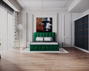 Dormitor Regal cu Pat Tapitat Stofa Verde cu dulap 250 200 usi glisante AlbAntracit, noptiere si comoda