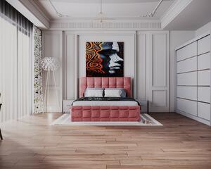 Dormitor Regal cu Pat Tapitat Stofa Roz cu dulap 250 200 usi glisante Alb, noptiere si comoda