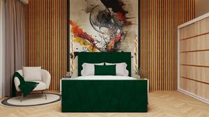 Dormitor cu pat Tony 160x200 Tapitat Stofa Verde cu dulap 200 200 usi glisante SonomaAlb, noptiere si comoda