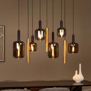 Lucide Lampă suspendată Joanet, lungime 130 cm, fum/alamă, sticlă, 9 becuri., reglabil, Gri, Camera de zi / sufragerie, Sticlă