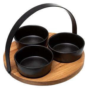 Set 3 boluri negre pentru aperitive cu tavă din lemn cu mâner