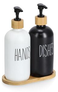 Set dozatoare de lichid si sapun cu suport de bambus, 2 x 500 ml