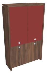 Dulap înalt Verno 128 x 46 x 210 cm, uși combinate, nuc / roșu