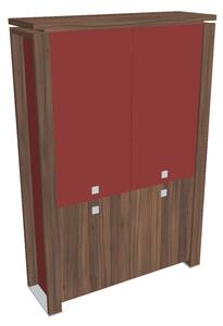 Dulap înalt Verno+ S 140 x 46 x 210 cm, uși combinate, nuc / roșu