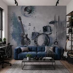 Tapet Chitară și baterie cu note muzicale, Imagini de fundal unice, w05546 : Uwalls.ro