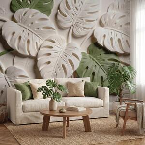 Tapet Frunze de monstera cu motive botanice în relief, în nuanțe de crem și verde, Imagini de fundal unice, w09883 : Uwalls.ro