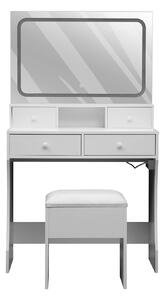 RESIGILAT- Set AMBER, Masă de toaletă pentru machiaj, oglindă banda LED, iluminare reglabila, 4 sertare, port incarcare dubla priza+USB, taburet cu spatiu depozitare, Alb