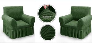 Set 2 Huse elastice pentru fotolii, cu volanas si model Jacquard Verde in dungi
