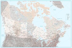 Harta Detailed map of Canada with roads in blue and neutrals, Blursbyai
