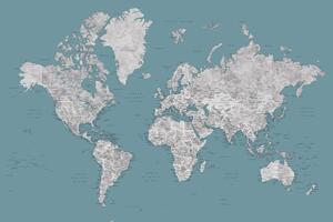 Harta Teal and grey detailed watercolor world map with cities, Urian, Blursbyai