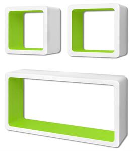 Raft perete suspendat MDF 3 buc alb-verde cuburi depozitare cărți/DVD