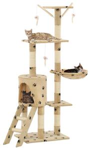 Ansamblu pisici stâlpi funie sisal, 138 cm imprimeu lăbuțe, bej
