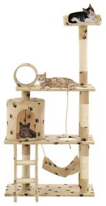 Ansamblu pisici, stâlpi funie sisal,140 cm bej, imprimeu lăbuțe