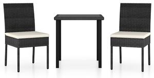 Set de masă și scaune de exterior, 3 piese, negru, poliratan