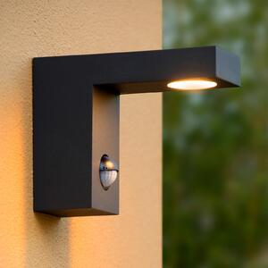 Lucide Aplică LED de exterior Texas cu detector mișcare, Negru, Metal, Modern, Soclu de perete jos