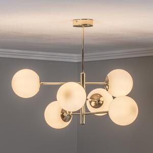 Euluna Lampă suspendată Aurora, auriu, 6 becuri, sticlă, metal, reglabil, Auriu / Alamă, Camera de zi / sufragerie, Metal