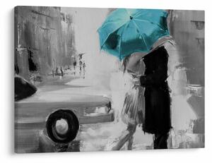 Tablou - Cuplu în dragoste cu umbrelă, albastru (70x50 cm)