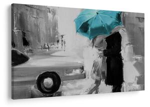 Tablou - Cuplu în dragoste cu umbrelă, albastru (90x60 cm)
