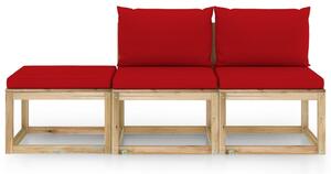 Set mobilier de grădină cu perne roșii, 3 piese
