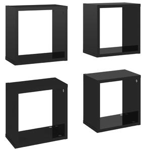 Rafturi de perete cub, 4 buc., negru extralucios, 26x15x26 cm