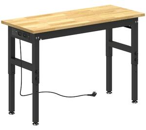 HOMCOM Masă de Lucru Reglabilă 122 cm, Blat Robust din Lemn de Cauciuc, 2 Prize AC și 2 Porturi USB, Panou Perforat, Capacitate 900 kg, pentru Garaj, Atelier și Casă | Aosom Romania