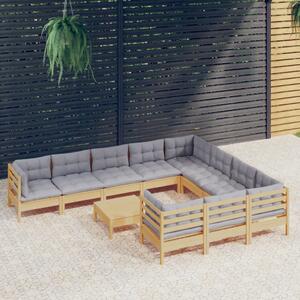 Set mobilier grădină cu perne, 11 piese, gri, lemn de pin