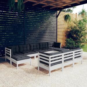 Set mobilier de grădină cu perne, 10 piese, alb lemn masiv pin