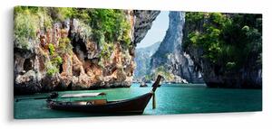 Tablou - Apă peisaj mediteranean cu barca (120x50 cm)