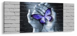 Tablou - Fluture violet pe perete (120x50 cm)