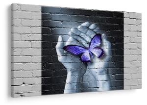 Tablou - Fluture violet pe perete (90x60 cm)