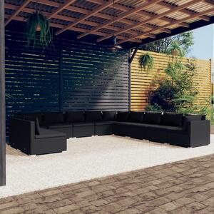 Set mobilier de grădină cu perne, 11 piese, negru, poliratan