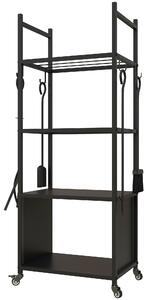 Outsunny Suport pentru Lemne de Foc de Interior și Exterior cu Roți și 4 Ustensile, cu Lopățică, Vătrai, Perie și Clește, Metal, 45 x 30 x 118 cm, Negru | Aosom Romania