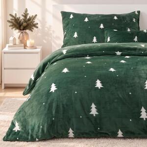 Goldea lenjerie de crăciun de pat din micropluș deluxe - brăduți albi pe verde închis 140 x 200 și 70 x 90 cm