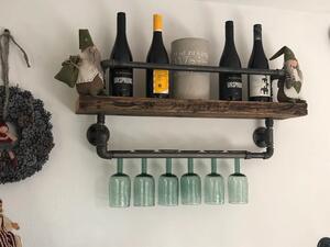 Raft de vinuri si pahare in stil industrial, Birkby, 60x30x11.4 cm, nuc/negru