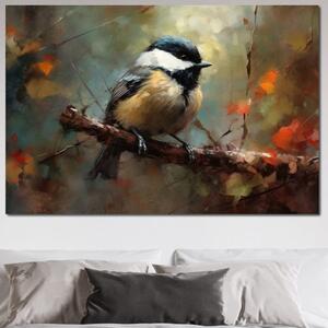 Tablou Canvas Premium, LuxCanva® M1046, Toamna pe Crenguta, Pitigoi, Ramura, Toamna, Anotimp, Pasare, Relaxare, Padure, Liniste, Frunze, Birou, Living, Camera Copil