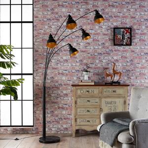 Lindby lampadar Lira, 5 becuri, înălțime 205 cm, negru, auriu, Negru, Camera de zi / sufragerie, Metal, Modern, Proiector suspendat