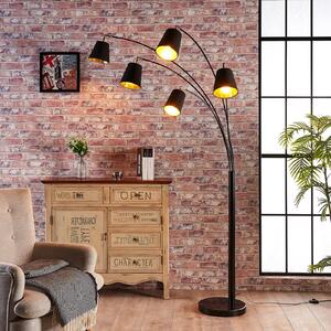 Lindby Lampă arcuită Tinne, negru/auriu, marmură, 5 becuri, E14, Negru, Camera de zi / sufragerie, Țesătură / Textil, Modern