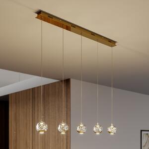 Lucande Lampă suspendată LED Hayley, 96 cm, 5 becuri, aur, sticlă, Transparent, Camera de zi / sufragerie, Sticlă, Modern