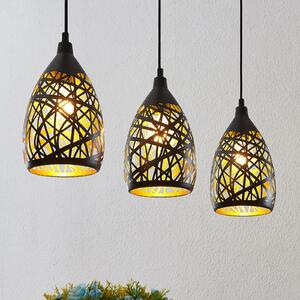 Lindby Marcello lampă suspendată, 75 cm, 3 becuri, negru-auriu, reglabil, Negru, Camera de zi / sufragerie, Metal, Modern