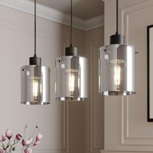 Lindby Lampă suspendată Kourtney, 3 becuri, negru/gri, sticlă, E27, reglabil, Negru, Camera de zi / sufragerie, Sticlă, Modern