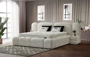 Boxspring ~BUMBY~ 160x200 cm, lada de depozitare, saltea cu topper, material boucle, culoare ivory