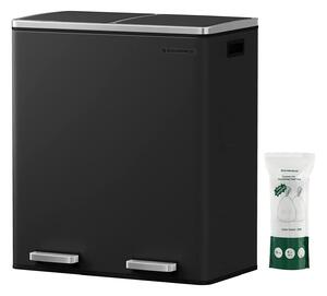 Coș de gunoi dublu cu pedală din metal fără aer, 2 x 30L, cu 15 saci de gunoi, negru
