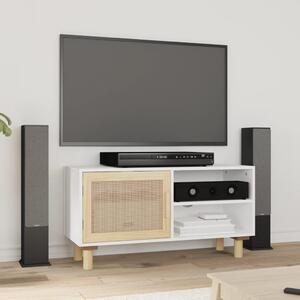 Comodă TV, alb, 80x30x40 cm, lemn masiv pin și ratan natural