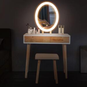 SEM235 - Set Masa toaleta, 80 cm, cosmetica machiaj, oglinda cu LED, masuta vanity, scaun tapitat - Alb - Maro