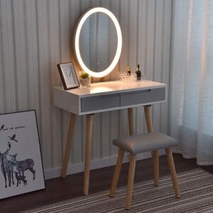 SEA430 - Set Masa toaleta, 80 cm, cosmetica machiaj, oglinda cu LED, masuta vanity, scaun tapitat - Alb - Maro - Gri