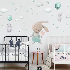 Autocolante pentru camera copiilor - Lepurași, stele, nori în culoarea mentei