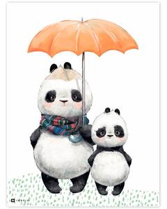 Doi ursuleți panda cu o umbrelă pe perete