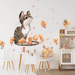 Autocolante pentru perete - Pisică și pui plini de viață