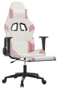 Scaun gaming de masaj/suport picioare, alb/roz, piele ecologică