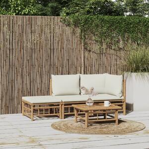 Set mobilier de grădină, cu perne alb crem, 3 piese, bambus